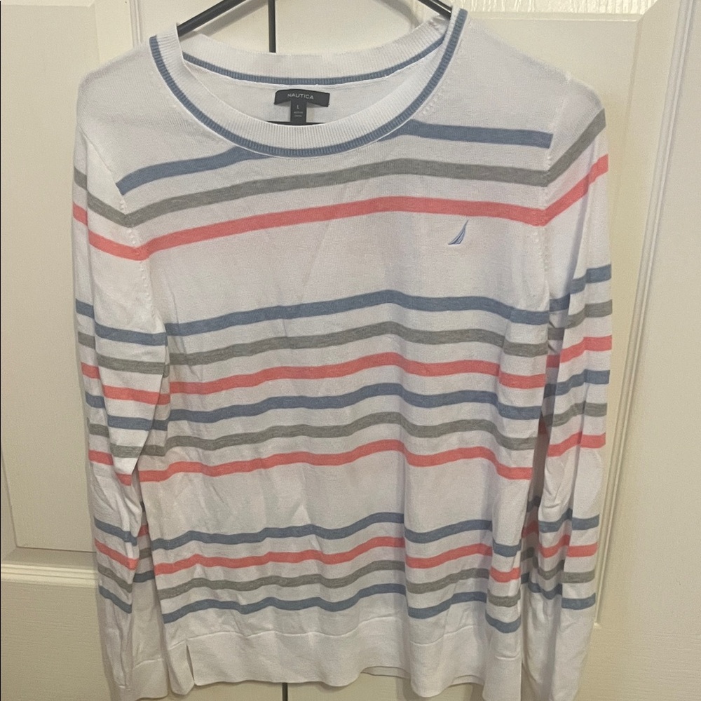 Nautica women’s Crewneck Sweater - White with Blue, pink, and Gray Stripes